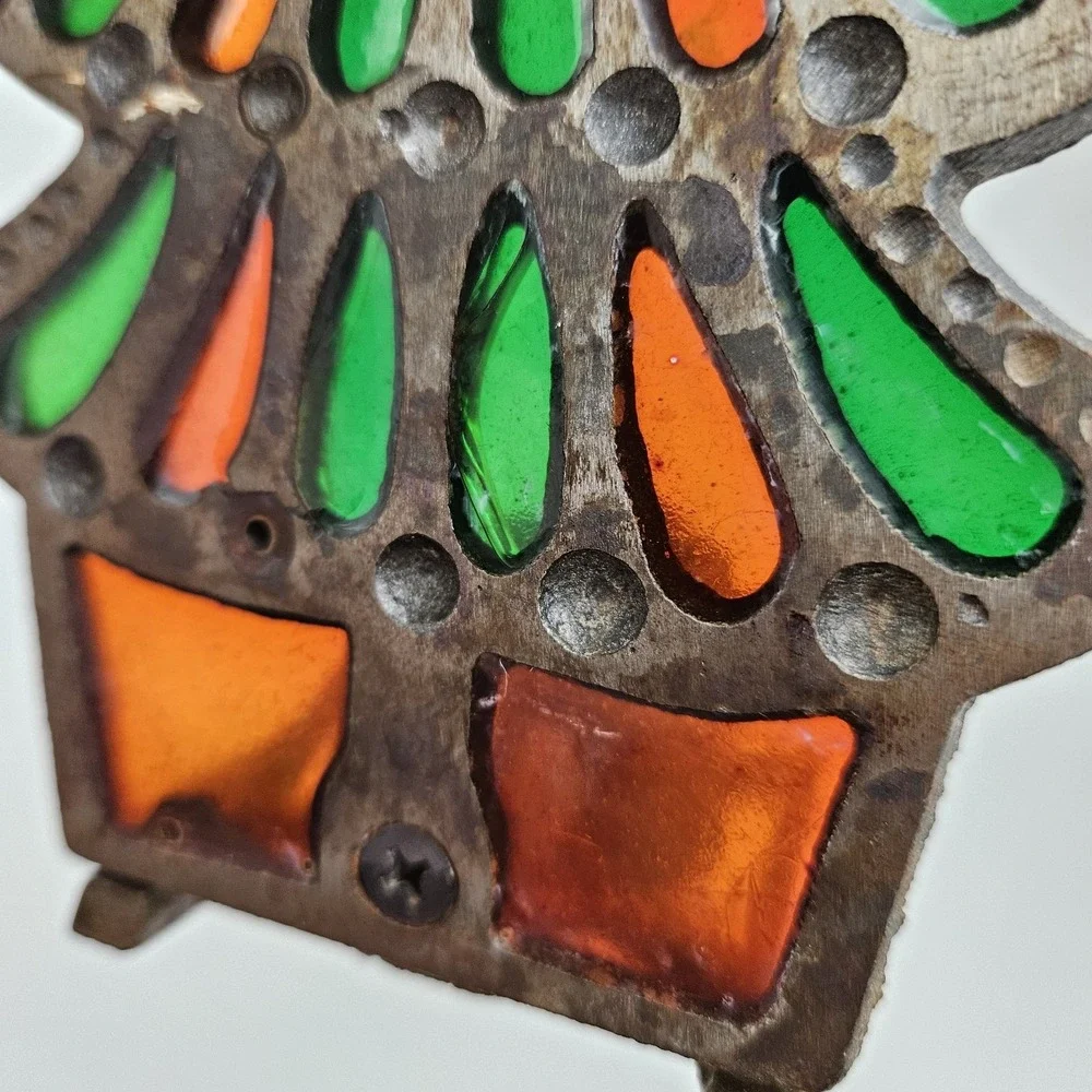 Vintage Cast Iron Glo-Candle Holder Stained Glass Tiffany Style 1977 Christmas